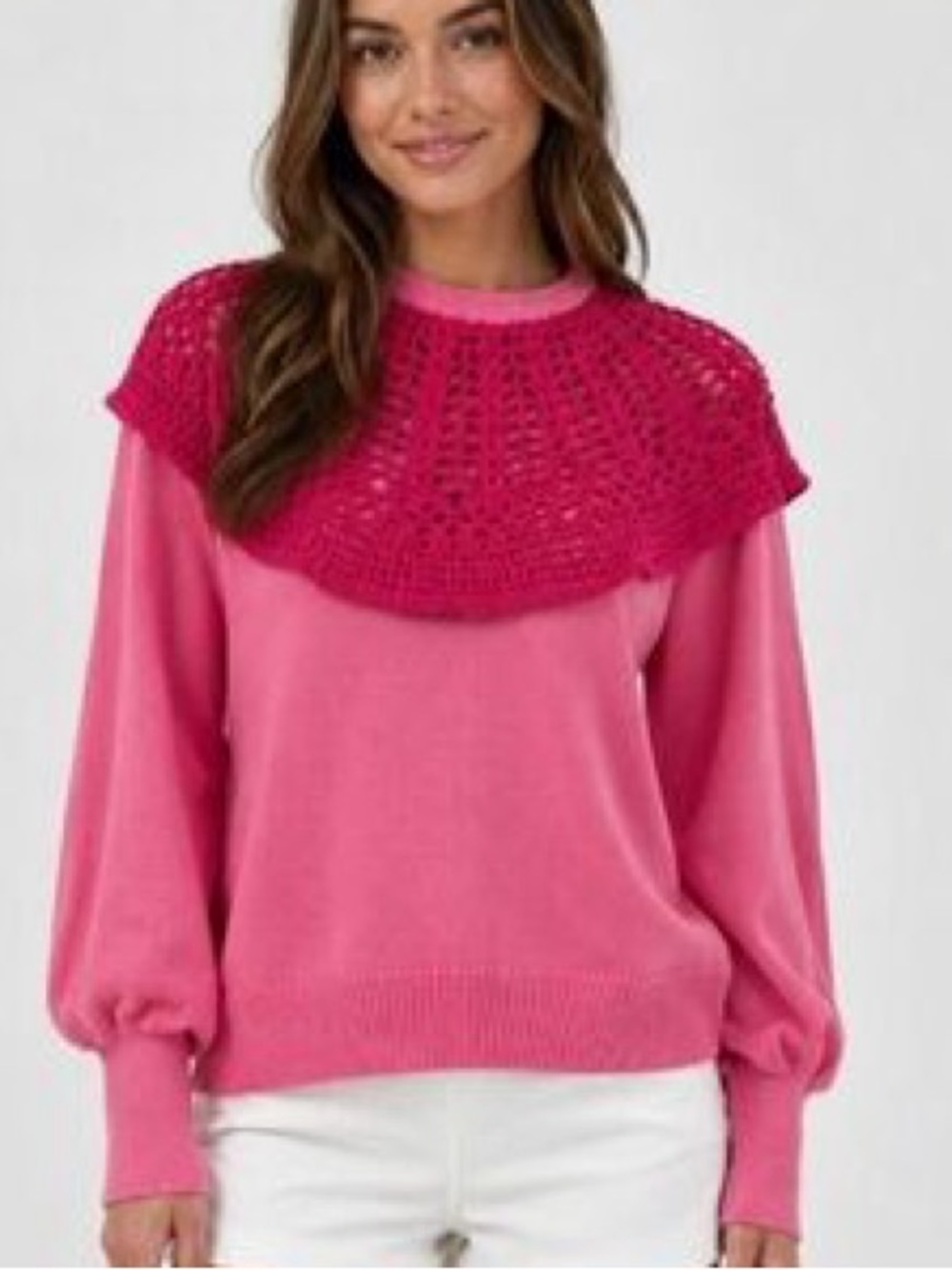 NEW TUCKERNUCK Crochet Yoke Collar Knit Sweater in Petunia Pink Sz: S